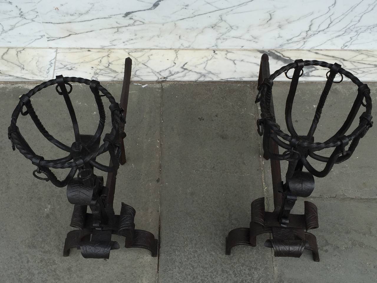 Pair of Iron Andirons with Basket Top, circa 1840 In Excellent Condition In Charleston, SC
