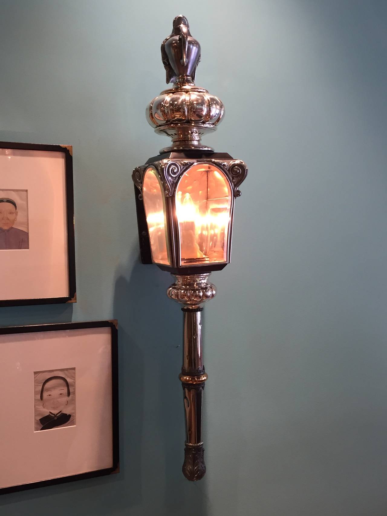 Pair of American coach lamps, circa 1890. Stamped CT. The draped urn on the top suggest they were originally used on a hearse.