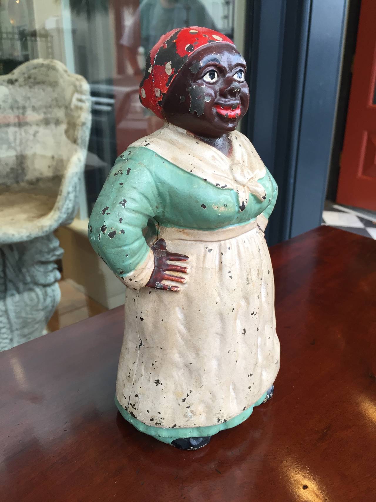 North American Cast Iron Aunt Jemima Doorstop in Mint Green Paint, Early 20th Century
