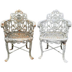 Antique Pair of English Cast Iron Garden Chairs, Late 19th Century