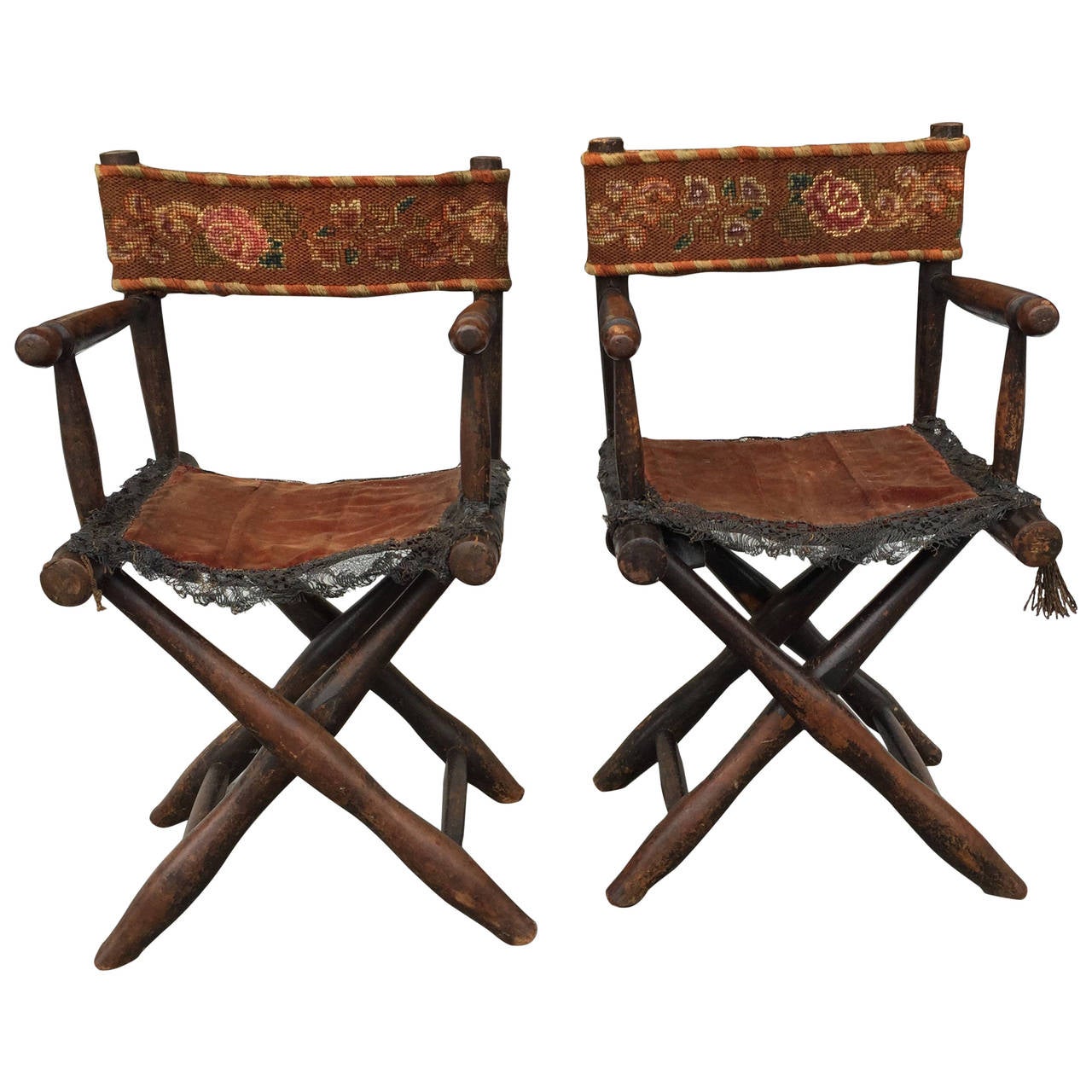 Pair of Miniature Director's Chairs with Needlework Seat and Back at
