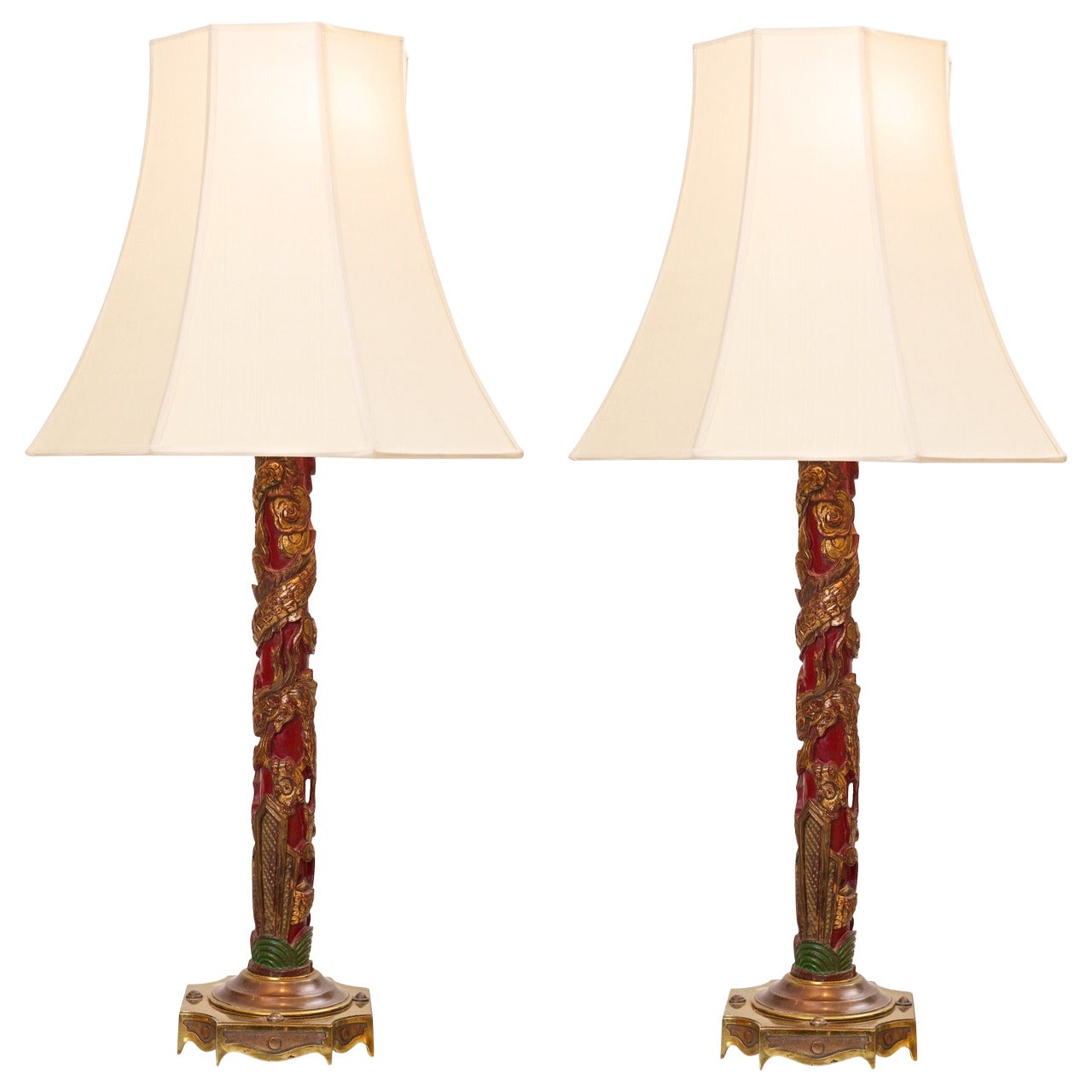 Pair of Chinoiserie Lamps with silk shades