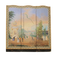 Hand-Painted Folding Screen of Worlds Fair Exposition Scene, French