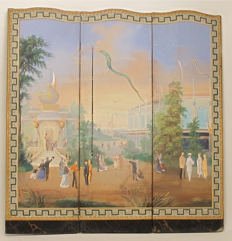 A charming and wonderfully detailed three panel folding screen, tempura or gouche painting on paper and laid down on canvas of the World's Fair Exposition scene, France, mid-19th century.
This screen can also be flat mounted and viewed as a