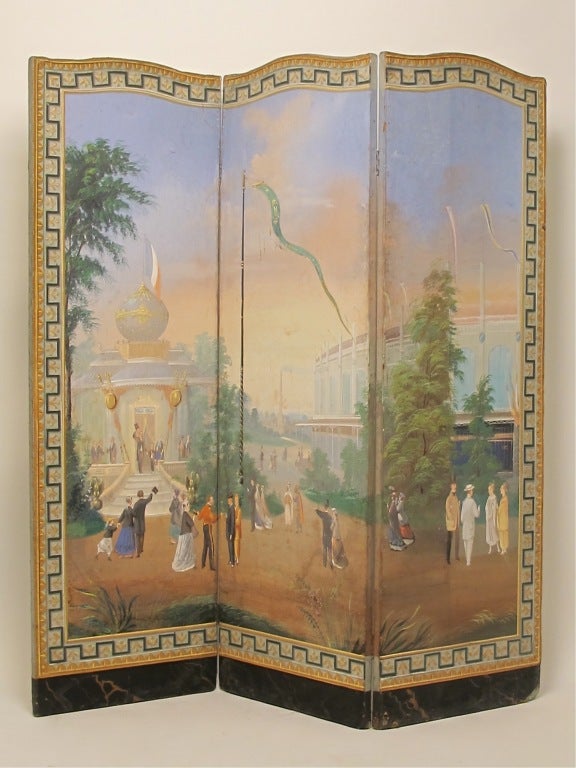 Hand-Painted Folding Screen of Worlds Fair Exposition Scene, French In Excellent Condition For Sale In San Francisco, CA