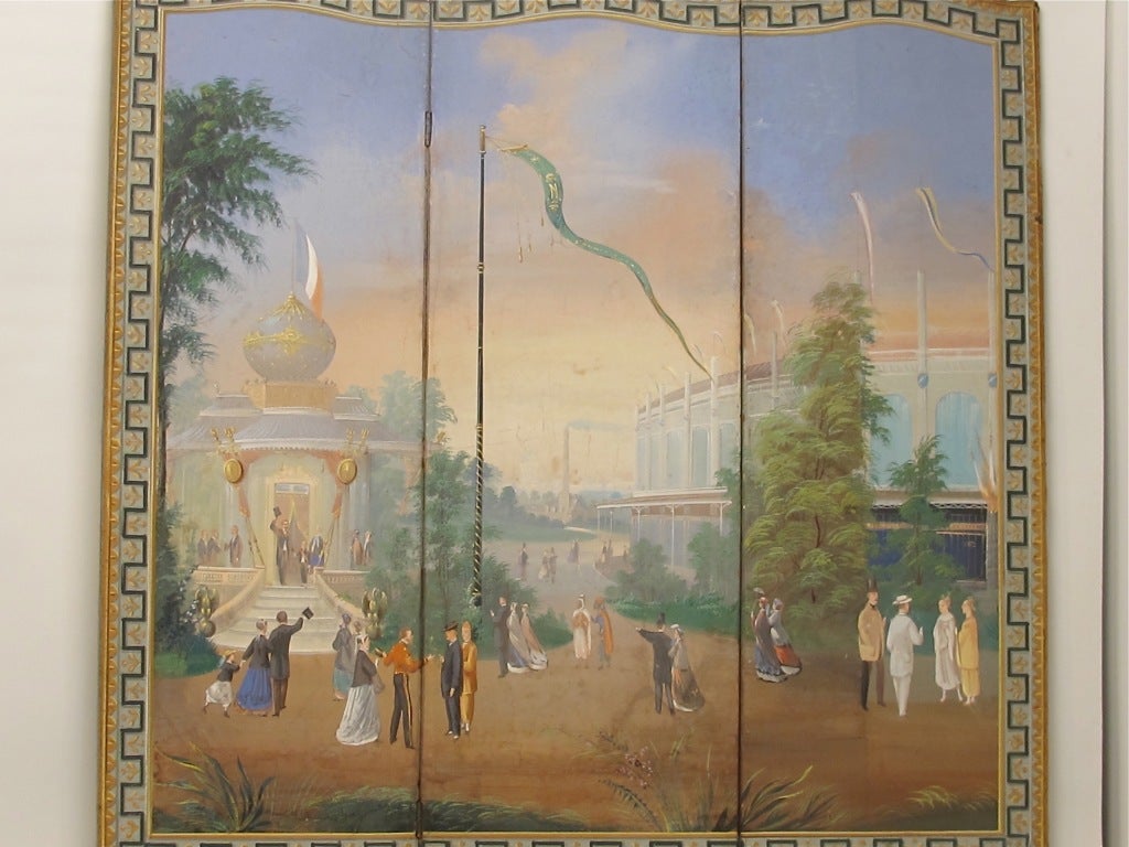 19th Century Hand-Painted Folding Screen of Worlds Fair Exposition Scene, French For Sale