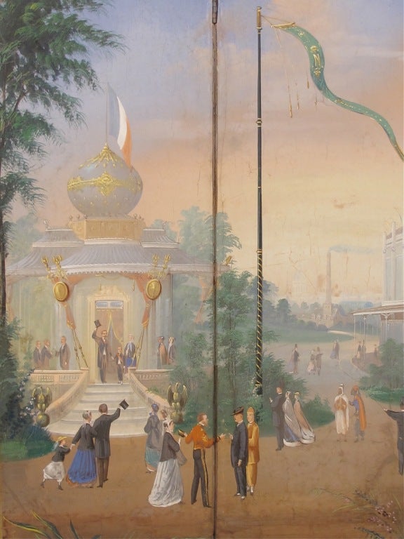 Canvas Hand-Painted Folding Screen of Worlds Fair Exposition Scene, French For Sale