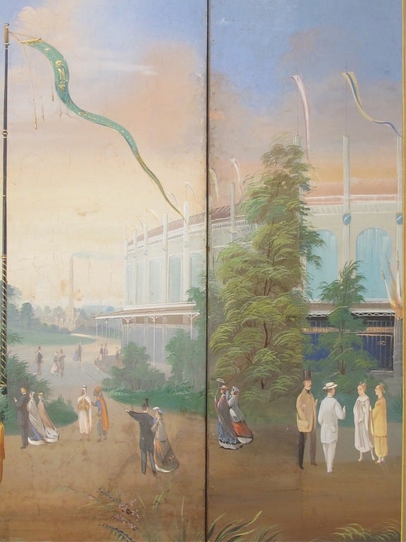 Paravent peint à la main représentant une scène d'exposition d'Exposition universelle, France Excellent état - En vente à San Francisco, CA