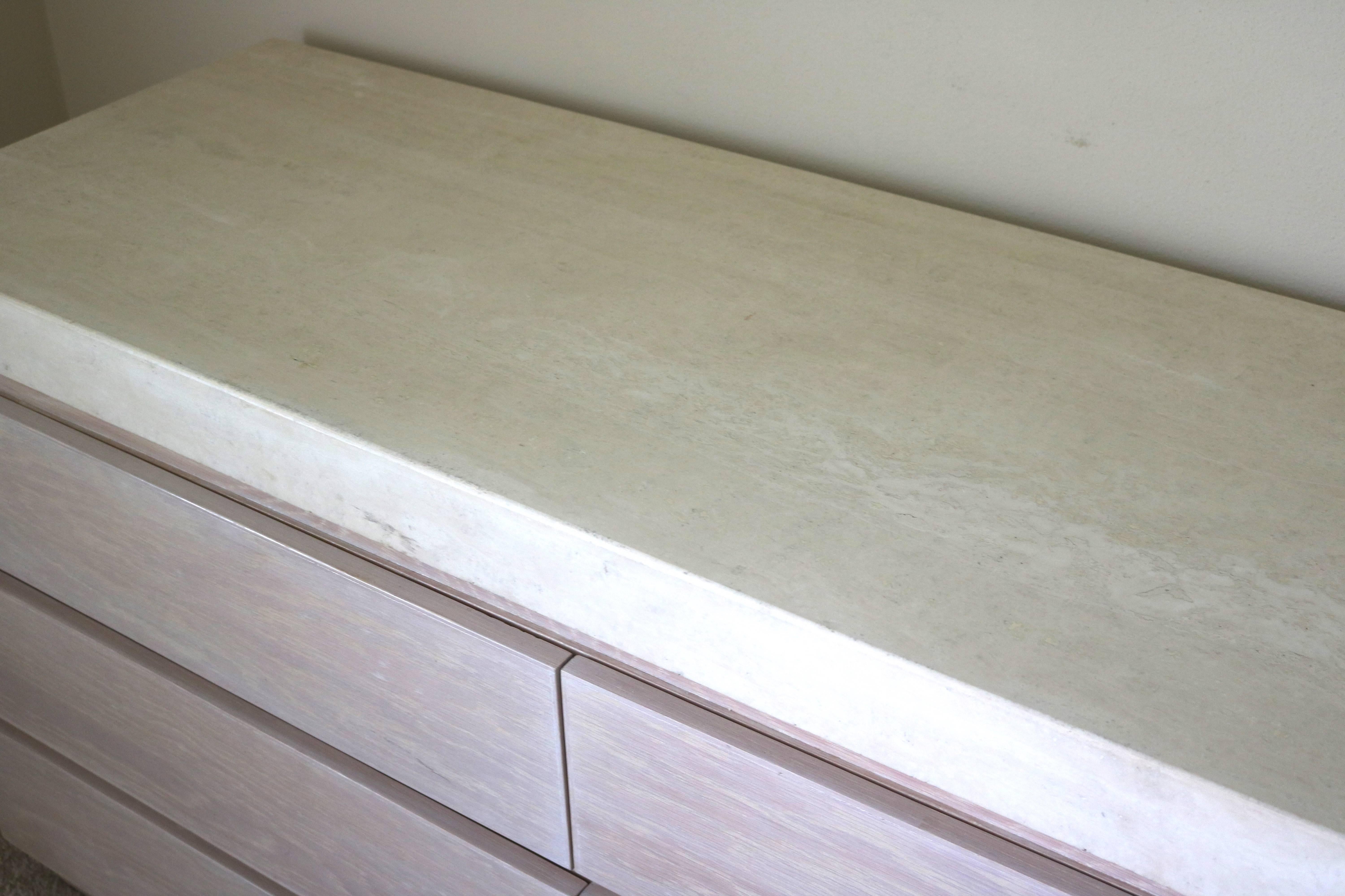 Modern Six-Drawer Chest of Drawers in Cerused Oak with a Stone Top