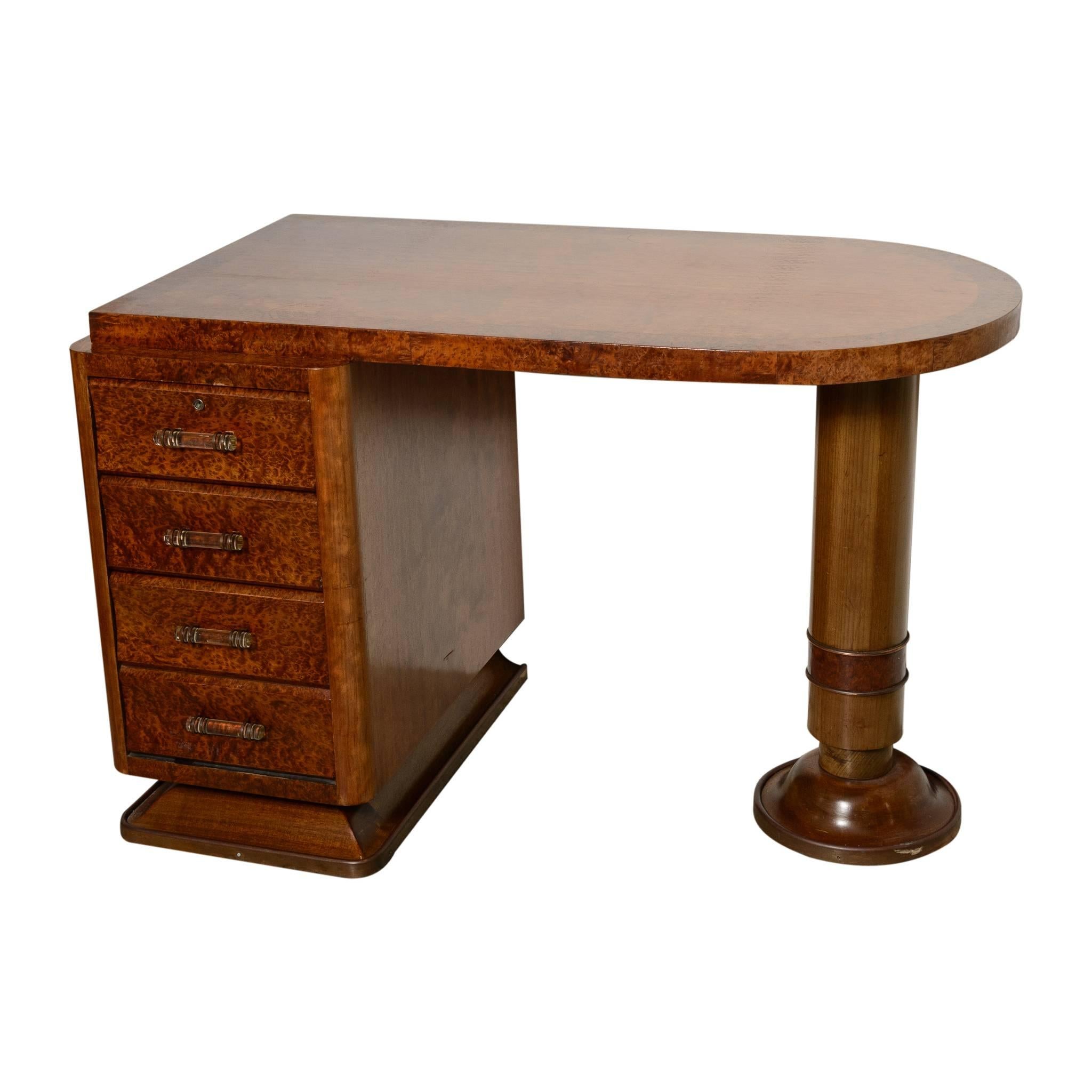 French Art Deco Four-Drawer Pedestal Desk in Ribbon Mahogany and Burl Wood