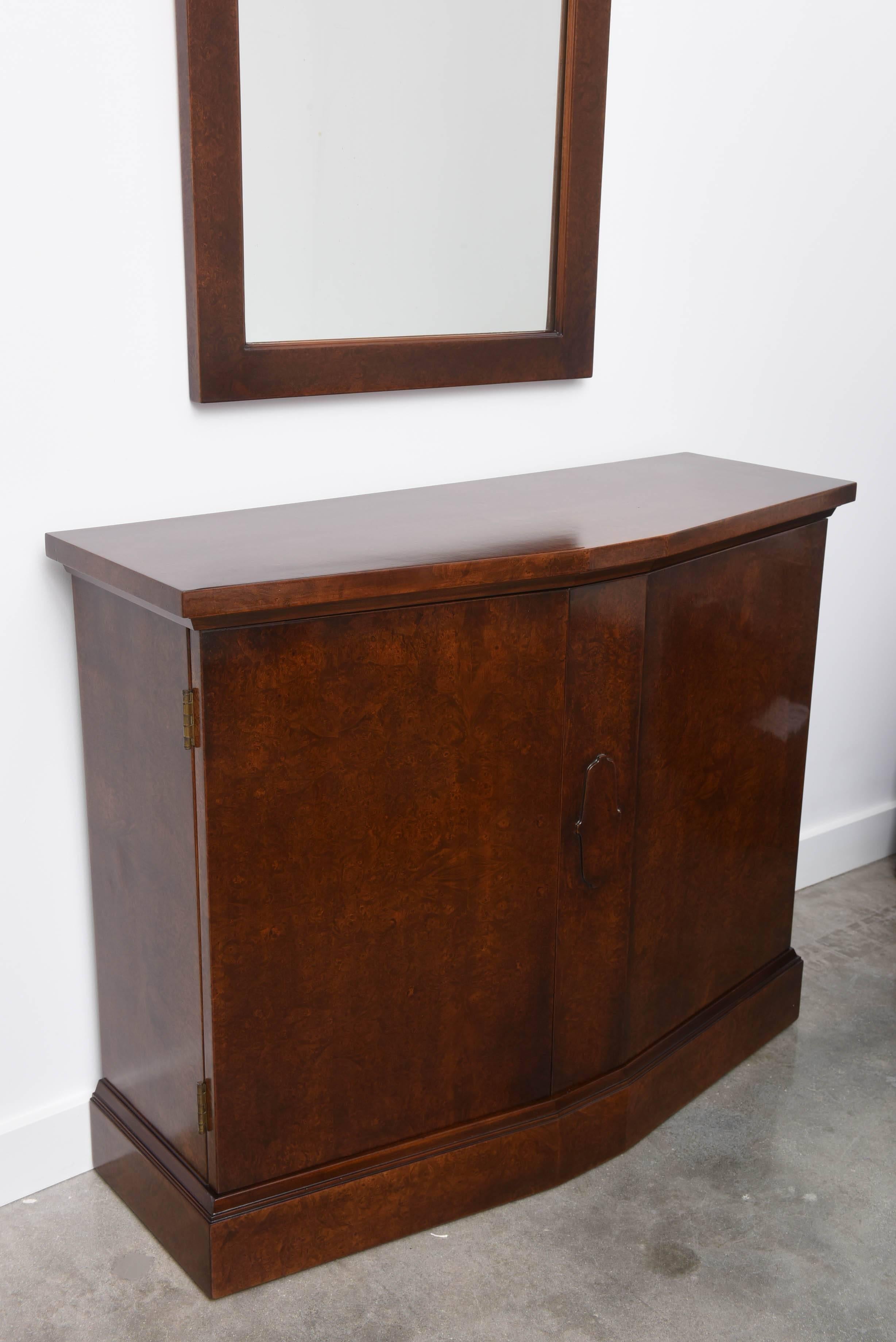 Mid-Century Modern Burlwood Console Cabinet with Wall Mirror For Sale