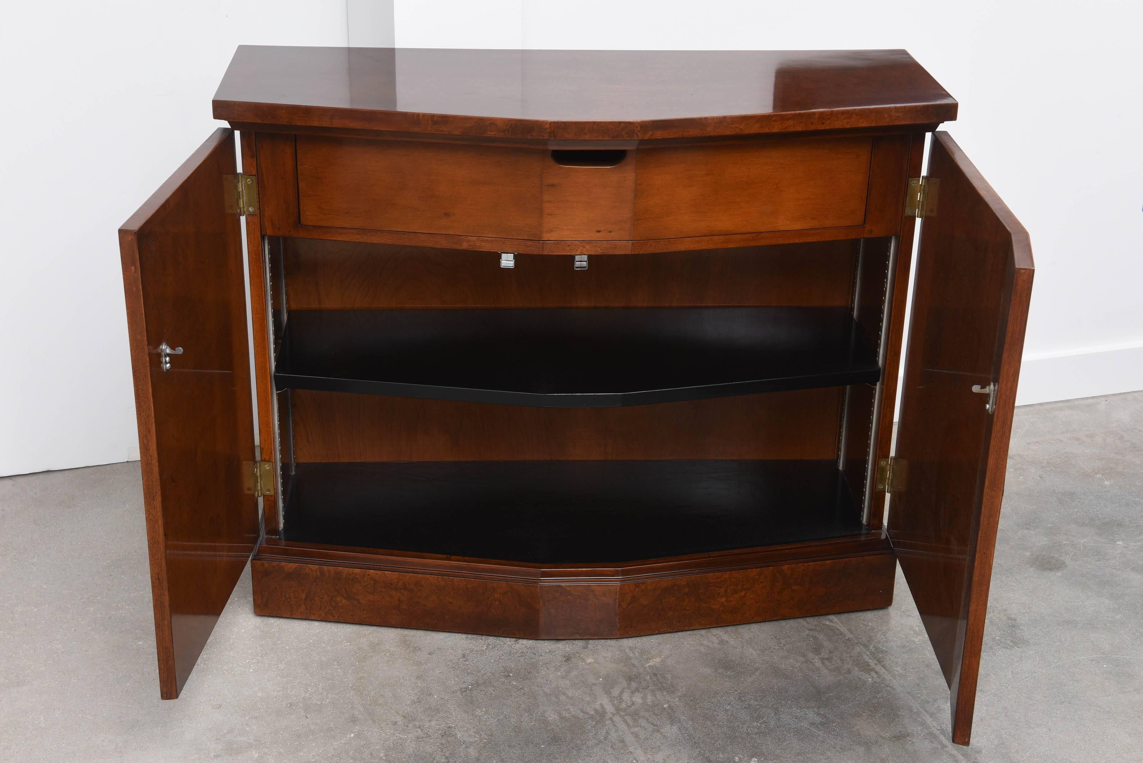 American Burlwood Console Cabinet with Wall Mirror For Sale