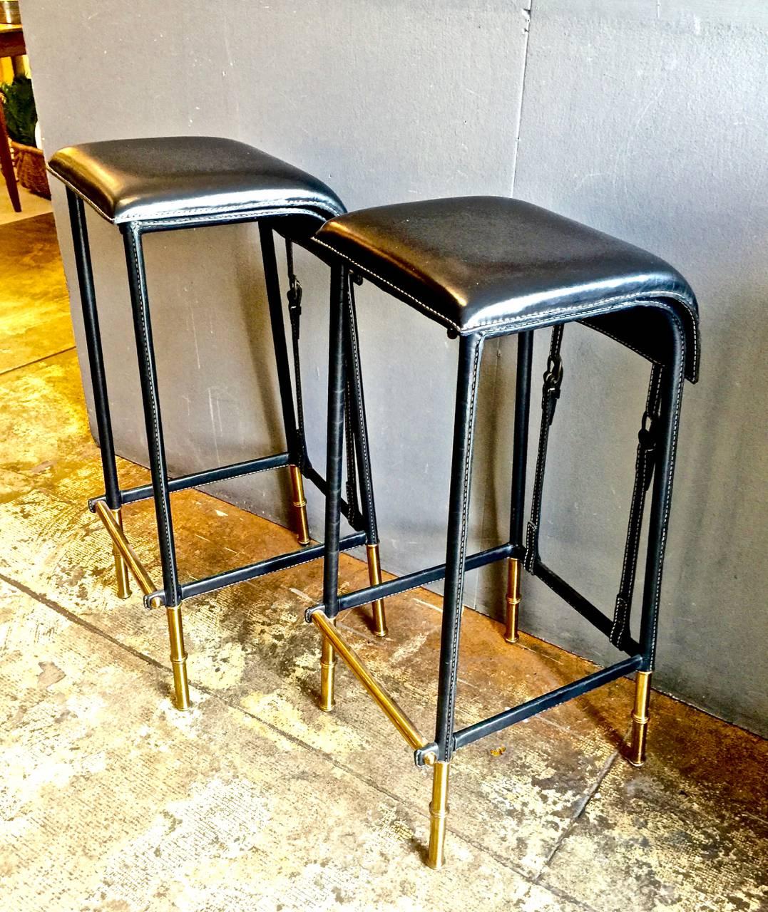 Streamlined Moderne Pair of Jacques Adnet Bar Stools, circa 1950