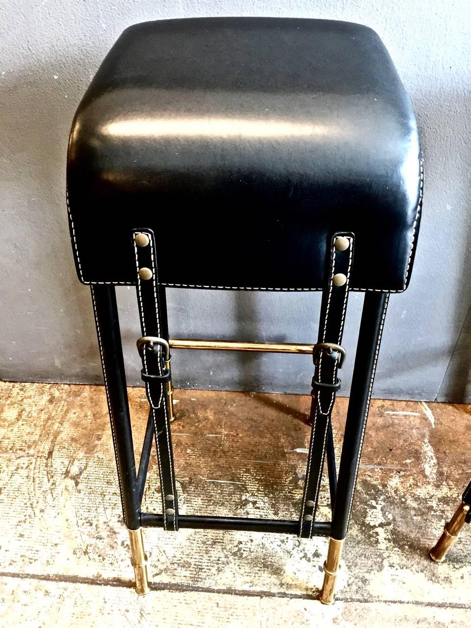 Pair of Jacques Adnet Bar Stools, circa 1950 In Good Condition In Pasadena, CA