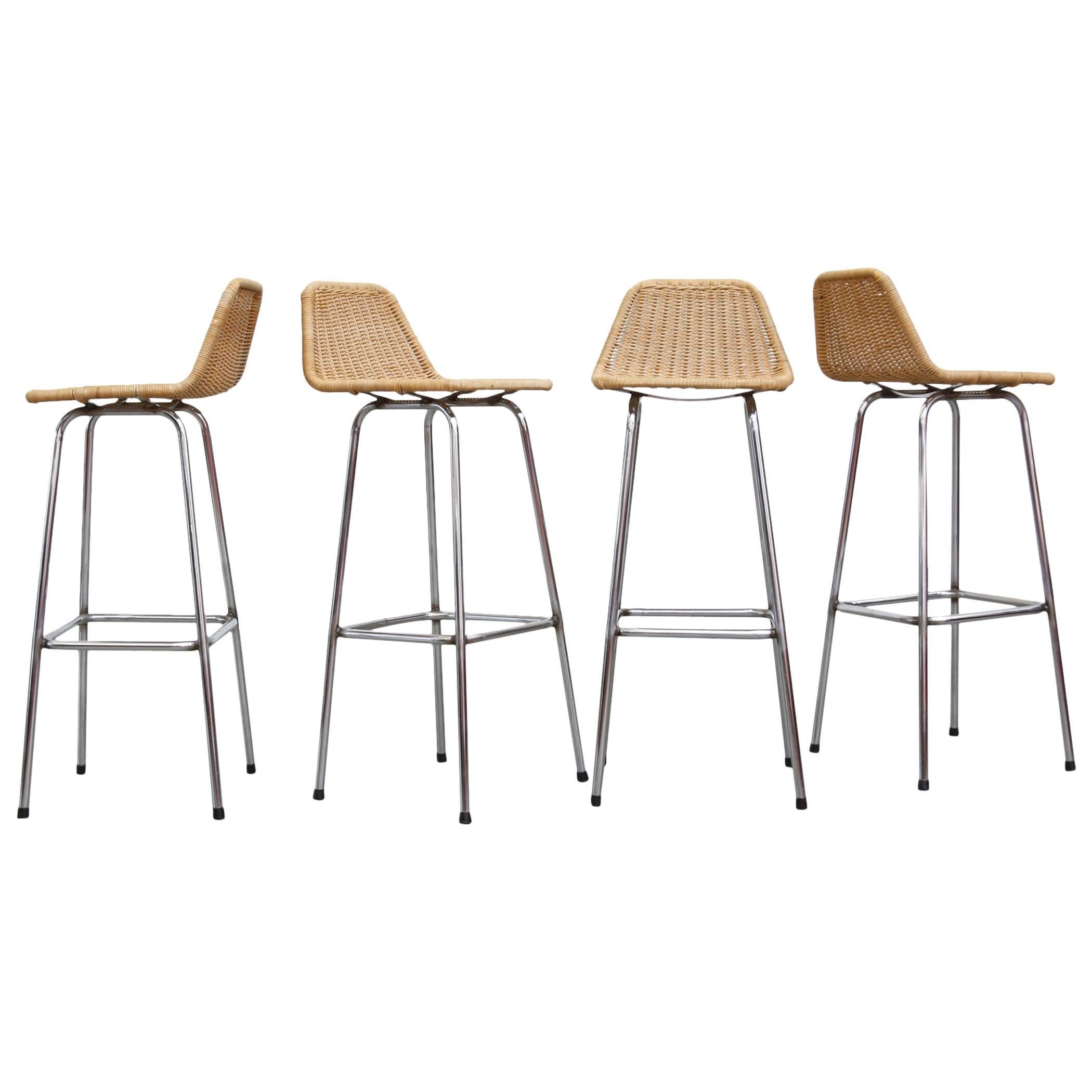 Charlotte Perriand Style Chrome and Rattan Bar Stools