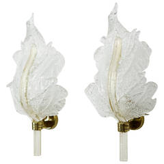 Pair of Expressive Murano Gold and Clear Barovier e Toso Leaf Wall Scones