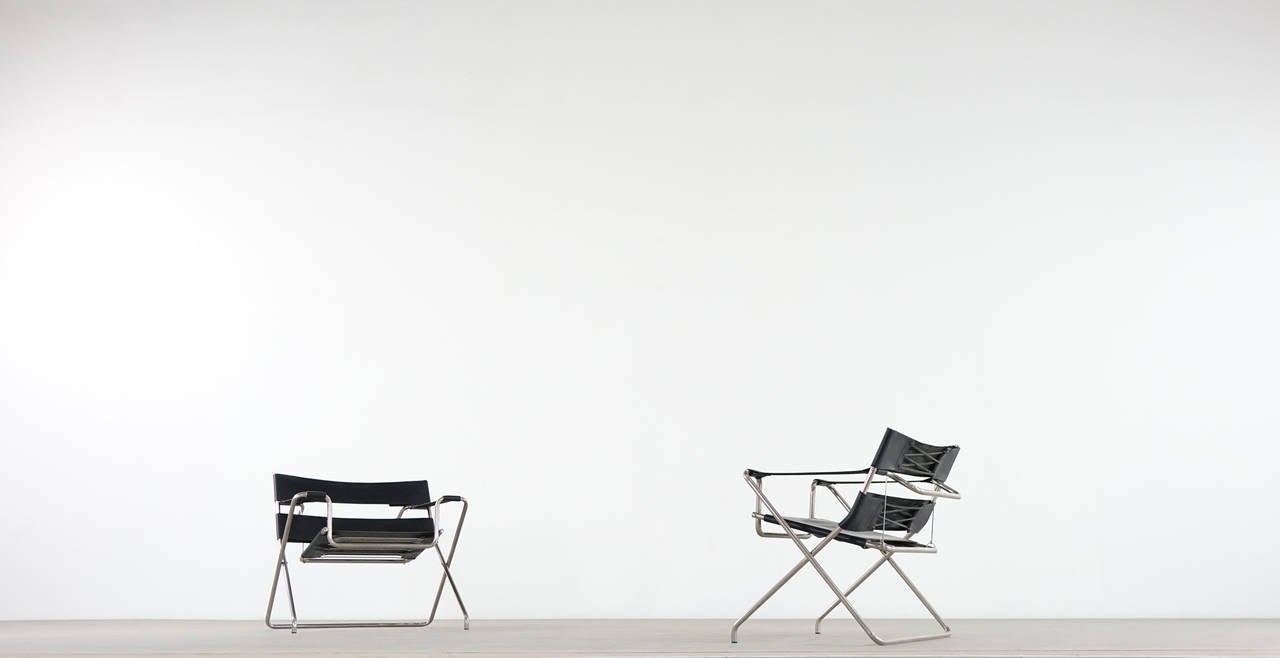Two great Marcel Breuer folding chairs D4 by Tecta.

Nickel-plated tubular steel and black leather, perfect condition.