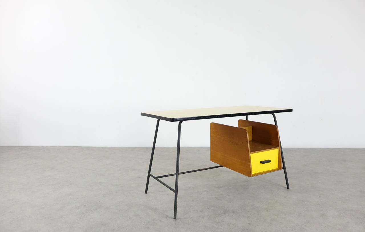 Mid-20th Century Pierre Paulin Small Yellow Formica Desk and Drawer, France 1957