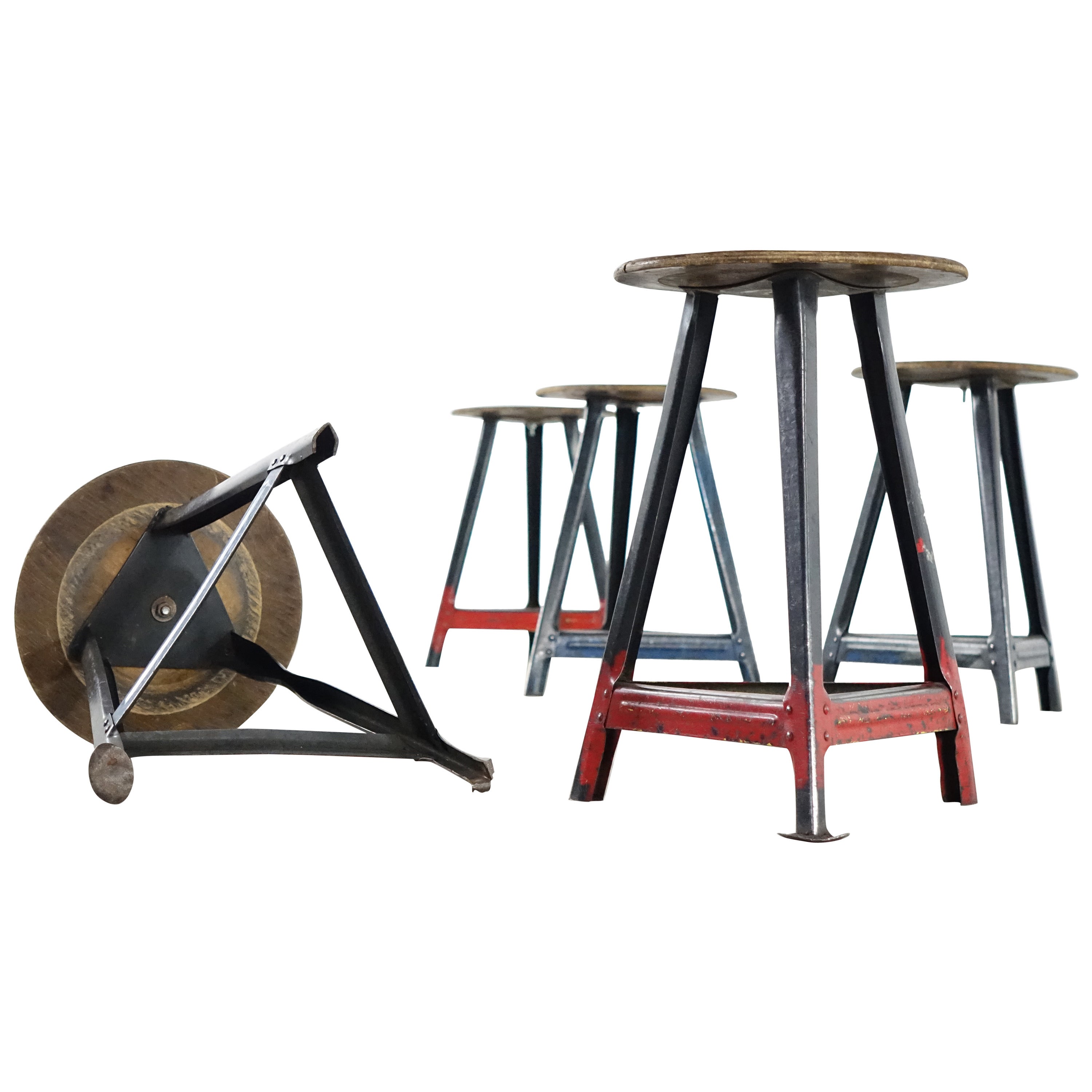 Set of 12 Industrial Stool, Bauhaus in the Style of Rowag Tabouret Tripod