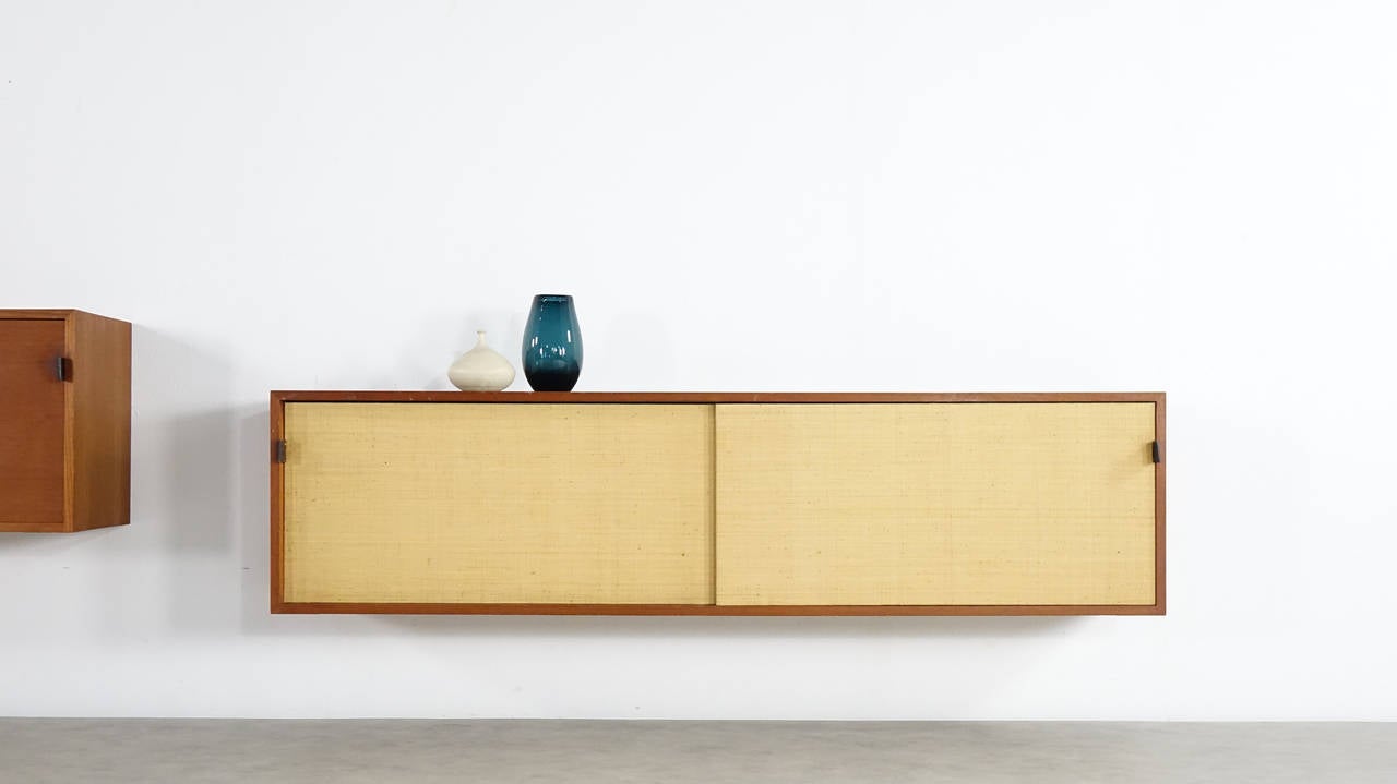 Mid-Century Modern Florence Knoll 1952 Seagrass and Teak Wall-Mounted Sideboard Knoll International