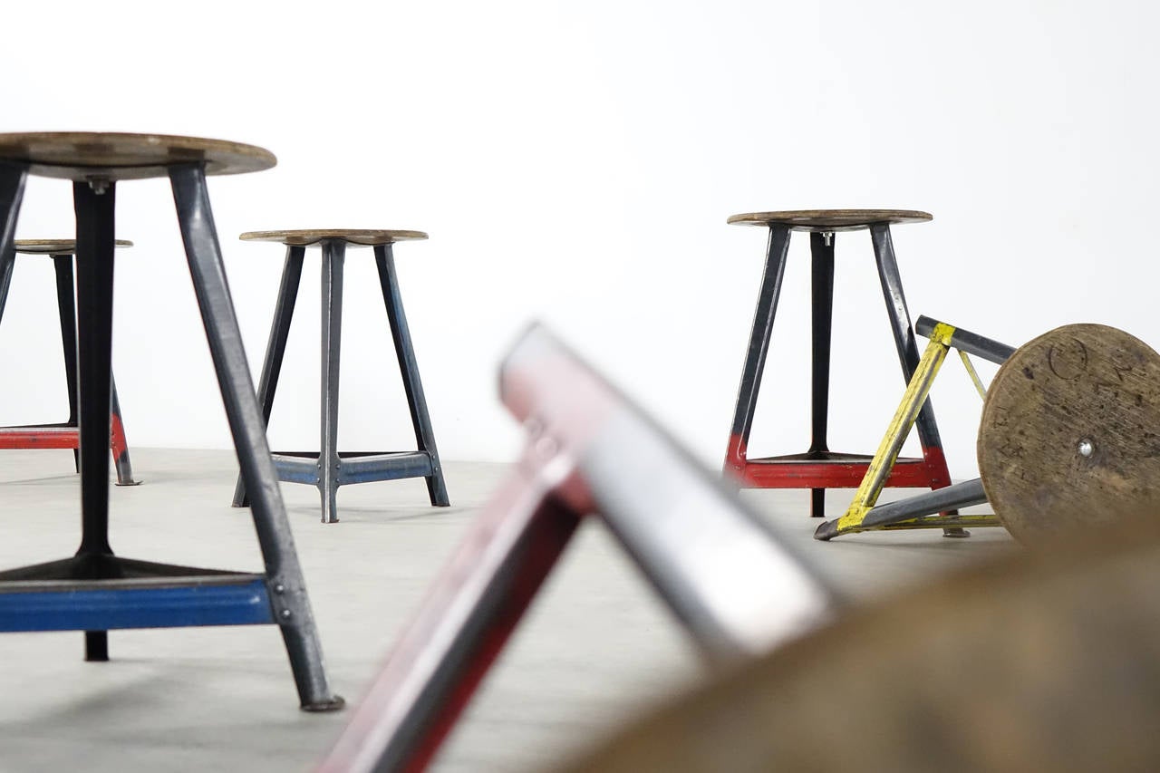 Set of 12 Industrial Stool, Bauhaus in the Style of Rowag Tabouret Tripod 4