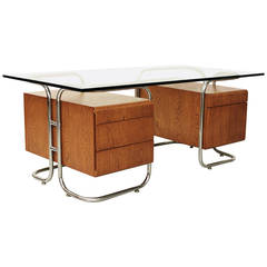 Vintage Tubular Chrome and Oak Pedestal Desk by Pace Collection