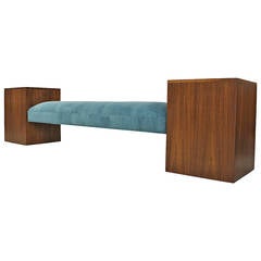 Midcentury Bench with Attached Walnut and Granite End Tables