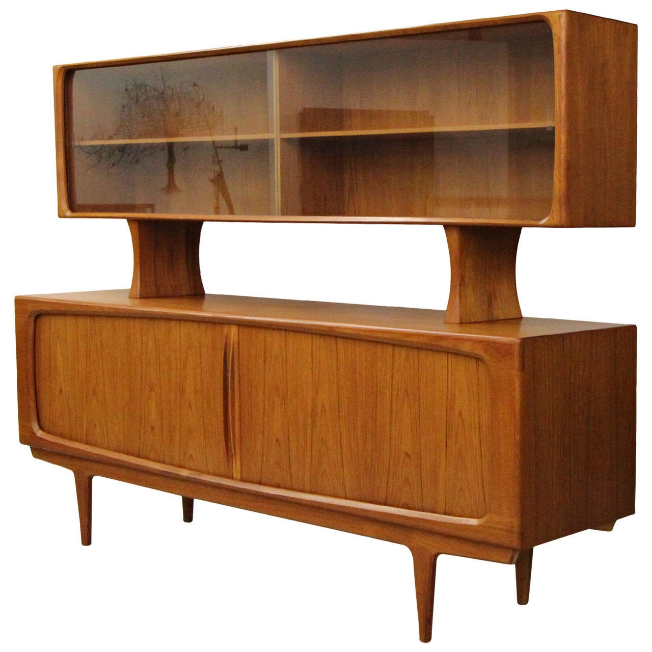 Gorgeous Danish Teak Duo, Credenza with removable hutch, designed by Bernhard Pedersen & Son.  This set, is high end, well made Danish.  Not a detail spared.  Seamless tambour doors, ample interior storage and details. 

Will sell separately,