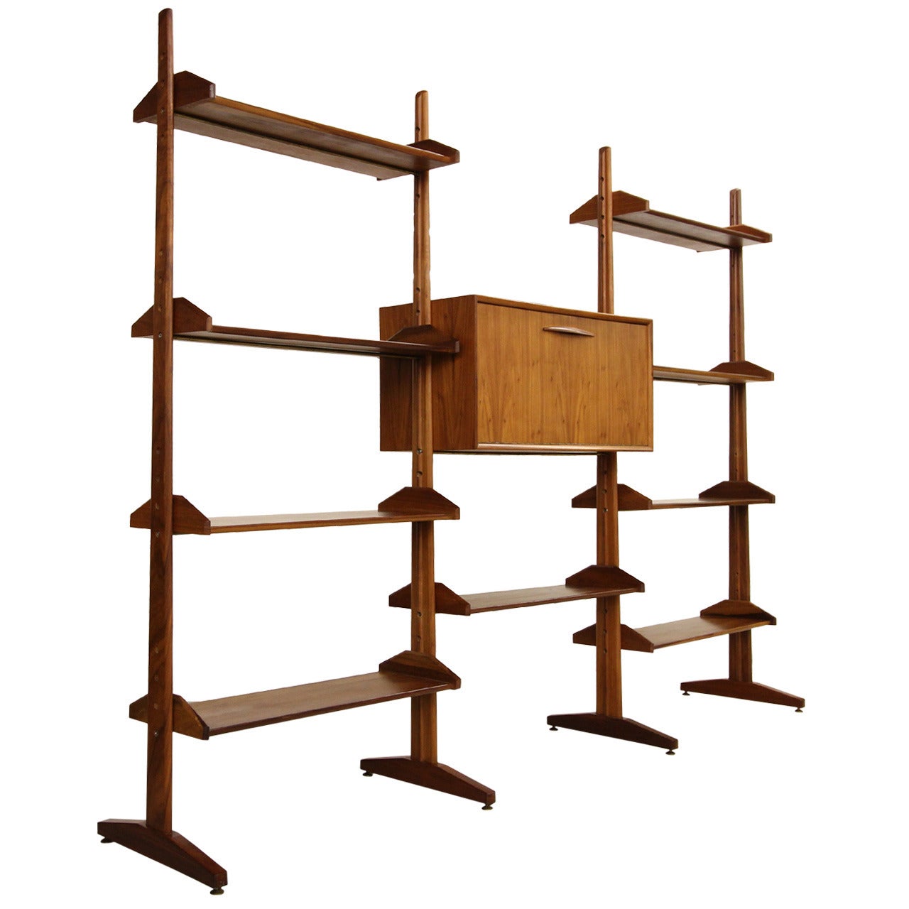 Solid Walnut and Brass Room Divider Shelving Wall Unit