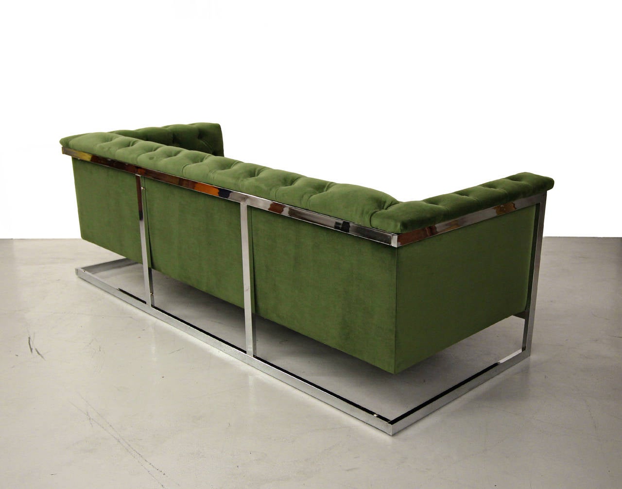 Rare and unique, Chrome Cantilevered Sofa, similar in styles by Milo Baughman, DIA, etc. however unmarked.  Recently upholstered in a deep very soft, deep green cotton based fabric.