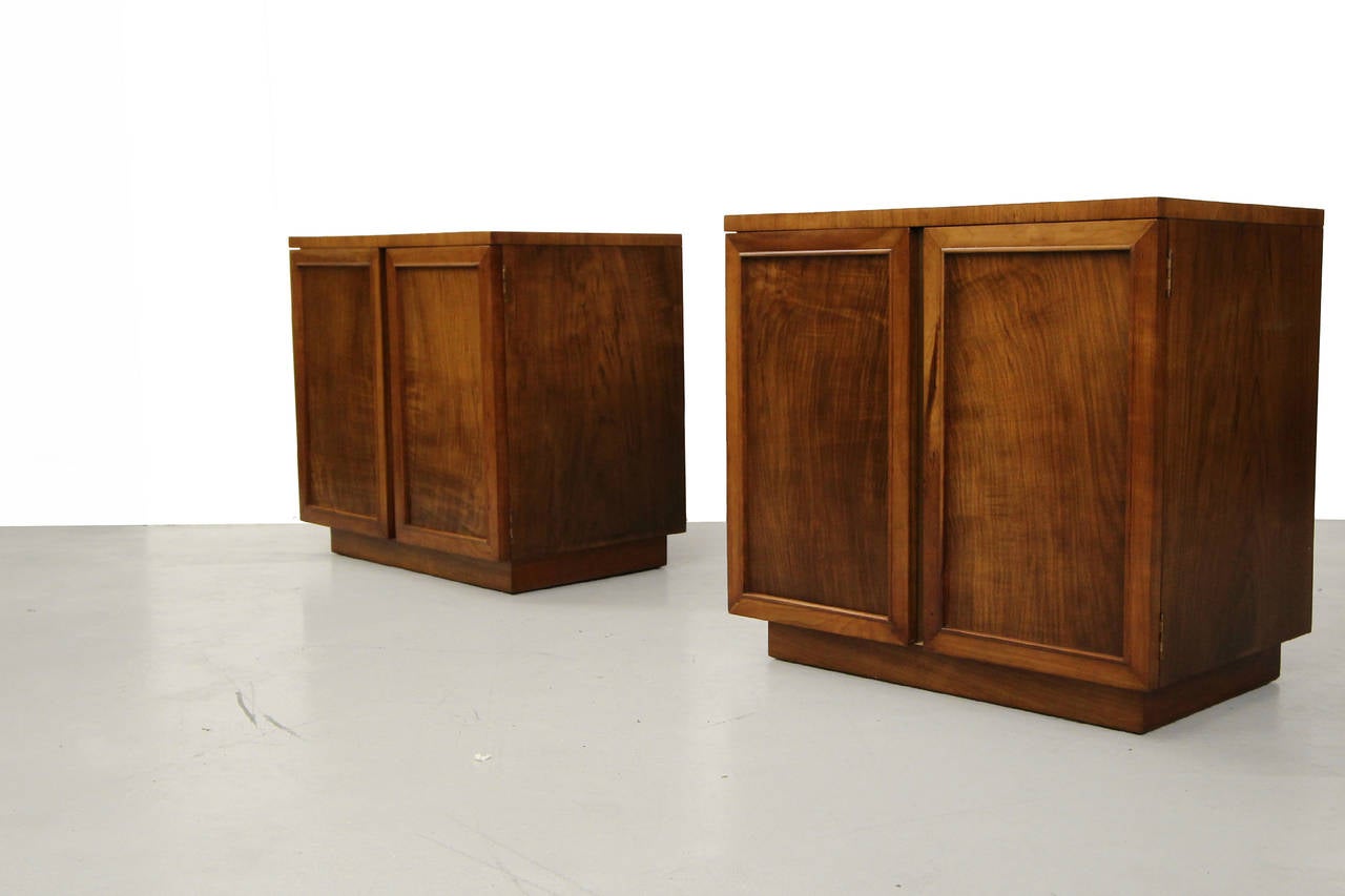 Pair of John Widdicomb Walnut and Brass Night Stands or End Tables.  Clean modern design with subtle classy brass detail.  Internal drawer and shelf.  Stamped and tagged,