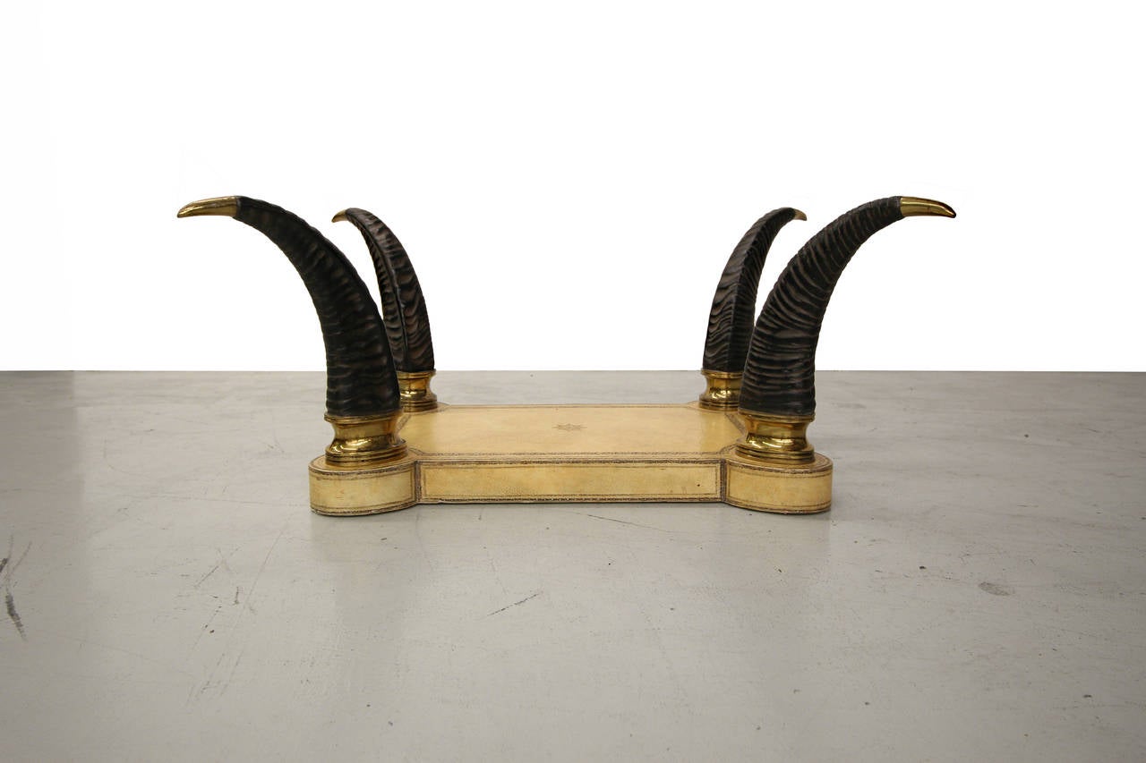 Regency Faux Horn Brass and Leather Coffee Table