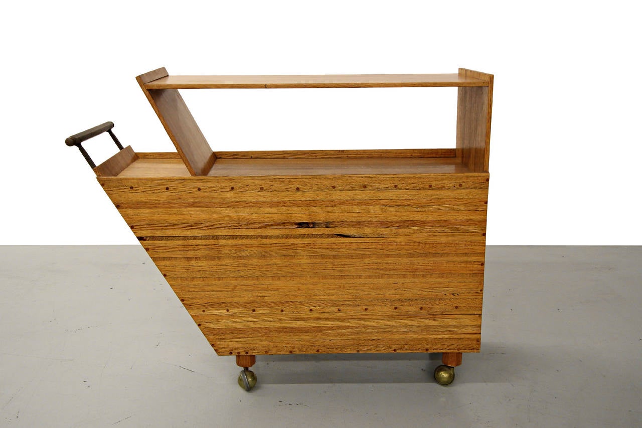 Mid-Century Modern Hand Crafted Oak Bar Cart with Brass Details