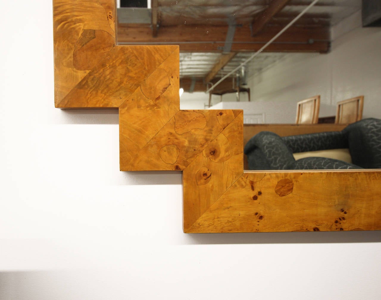 Art Deco Style Geometric Italian Burl Wood Wall Mirror