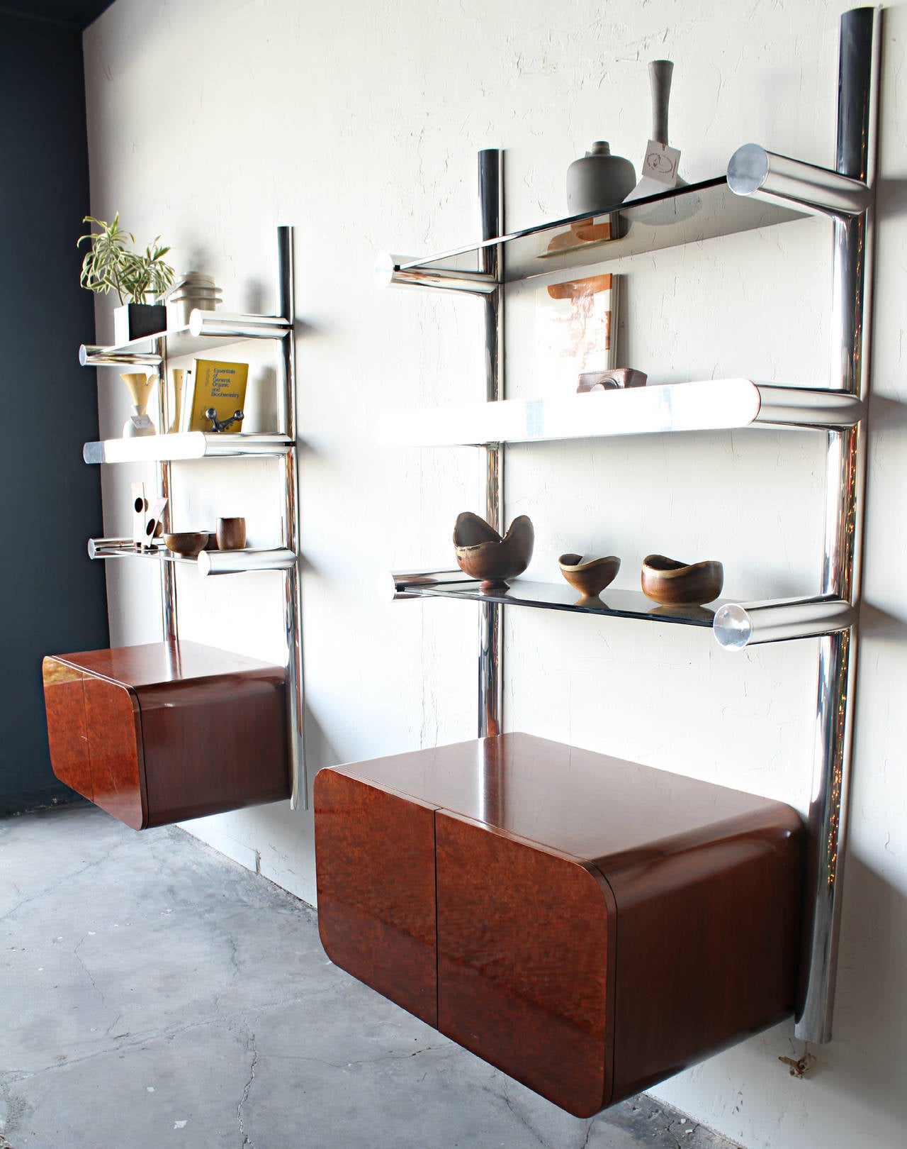 Burl and Chrome Orba Wall Unit by Janet Schwietzer for Pace Collection
