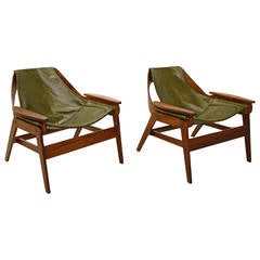 Pair of Midcentury Walnut and Leather Sling Chairs by Jerry Johnson