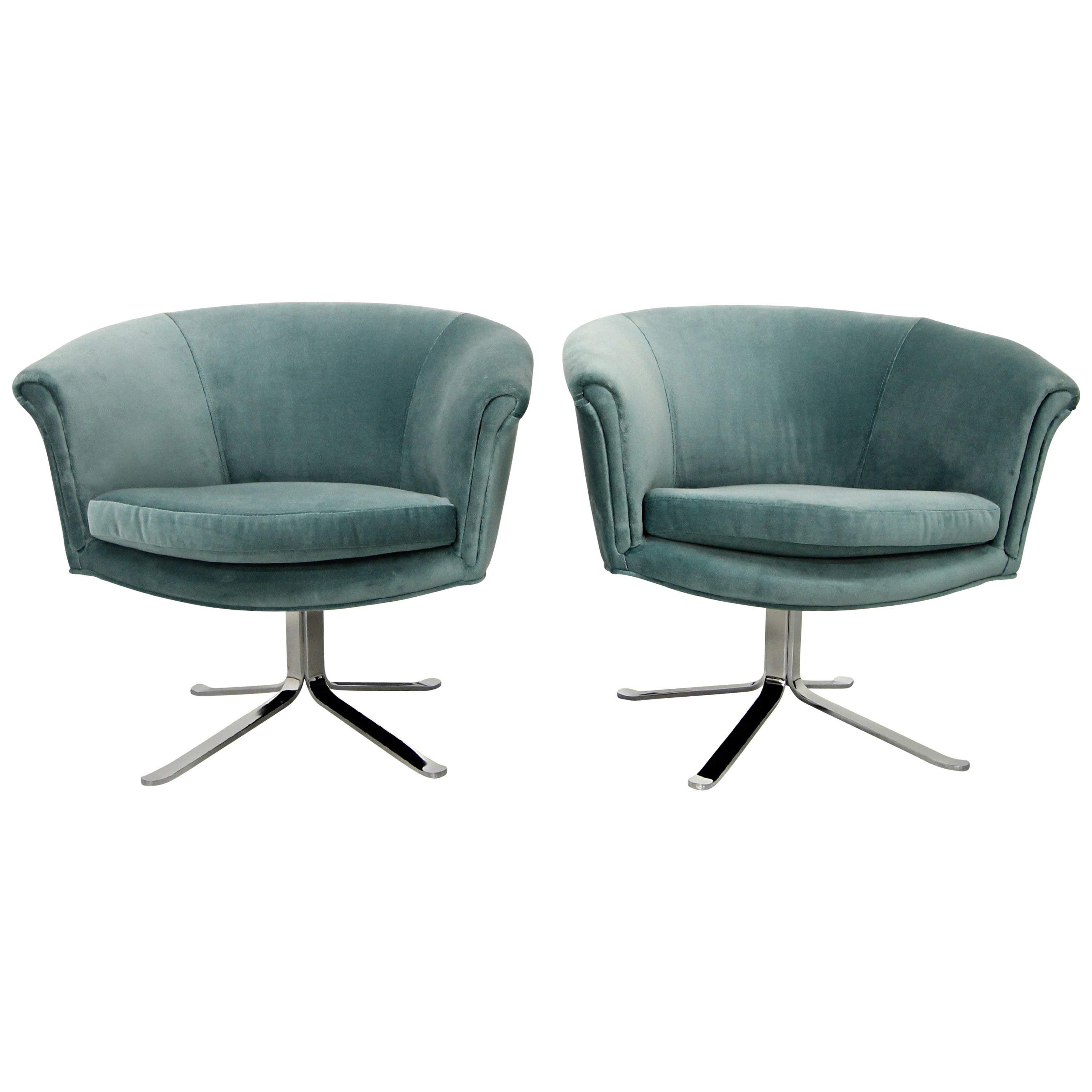 Pair of Midcentury Swivel Chairs with Flat Chrome Bases