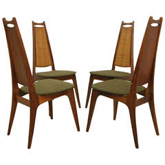 Set of Four Walnut and Cane Dining Chairs Attributed to Adrian Pearsall