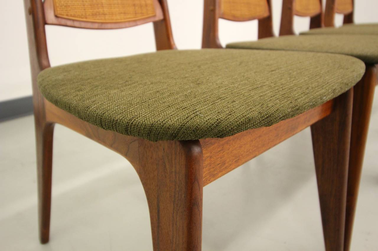 Mid-Century Modern Set of Four Walnut and Cane Dining Chairs Attributed to Adrian Pearsall
