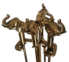 Vintage Satz von massivem Messing Elefant Kamin Werkzeuge