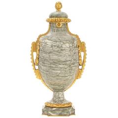 Pair of French Louis XVI Style Ormolu Bronze Mounted Marble Urns, Susse Fres
