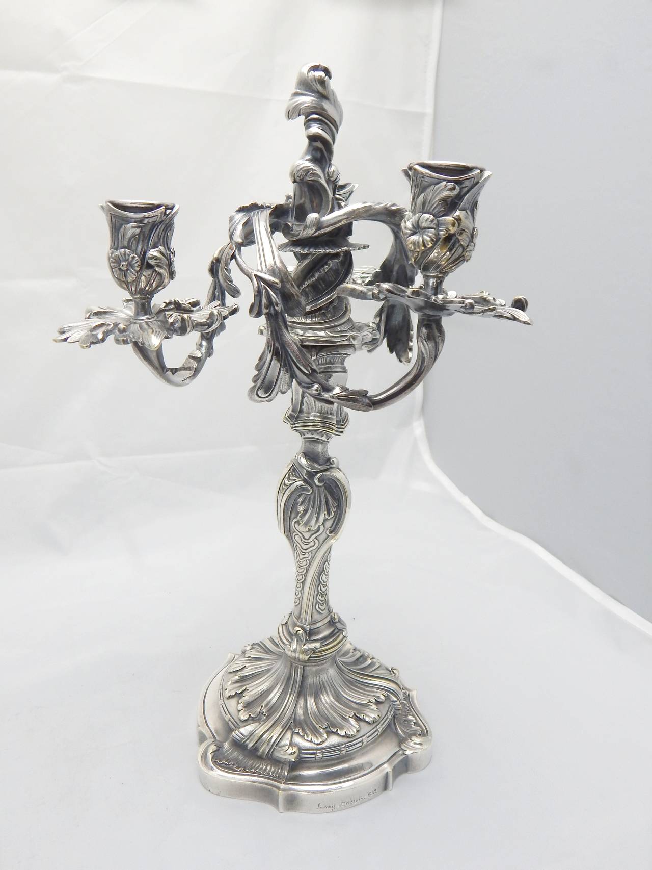 French Pair of Louis XV Style Silvered Bronze Candelabra by Henry Dasson