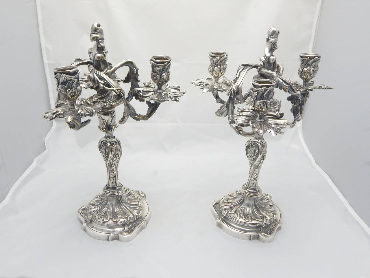 This beautiful pair of fine and rare silvered bronze three arm candelabra is signed and dated by the maker: Henry Dasson 1882. Henry Dasson produced very fine bronze work, and furniture, in France, in the 19th c.His workmanship is the best, and is