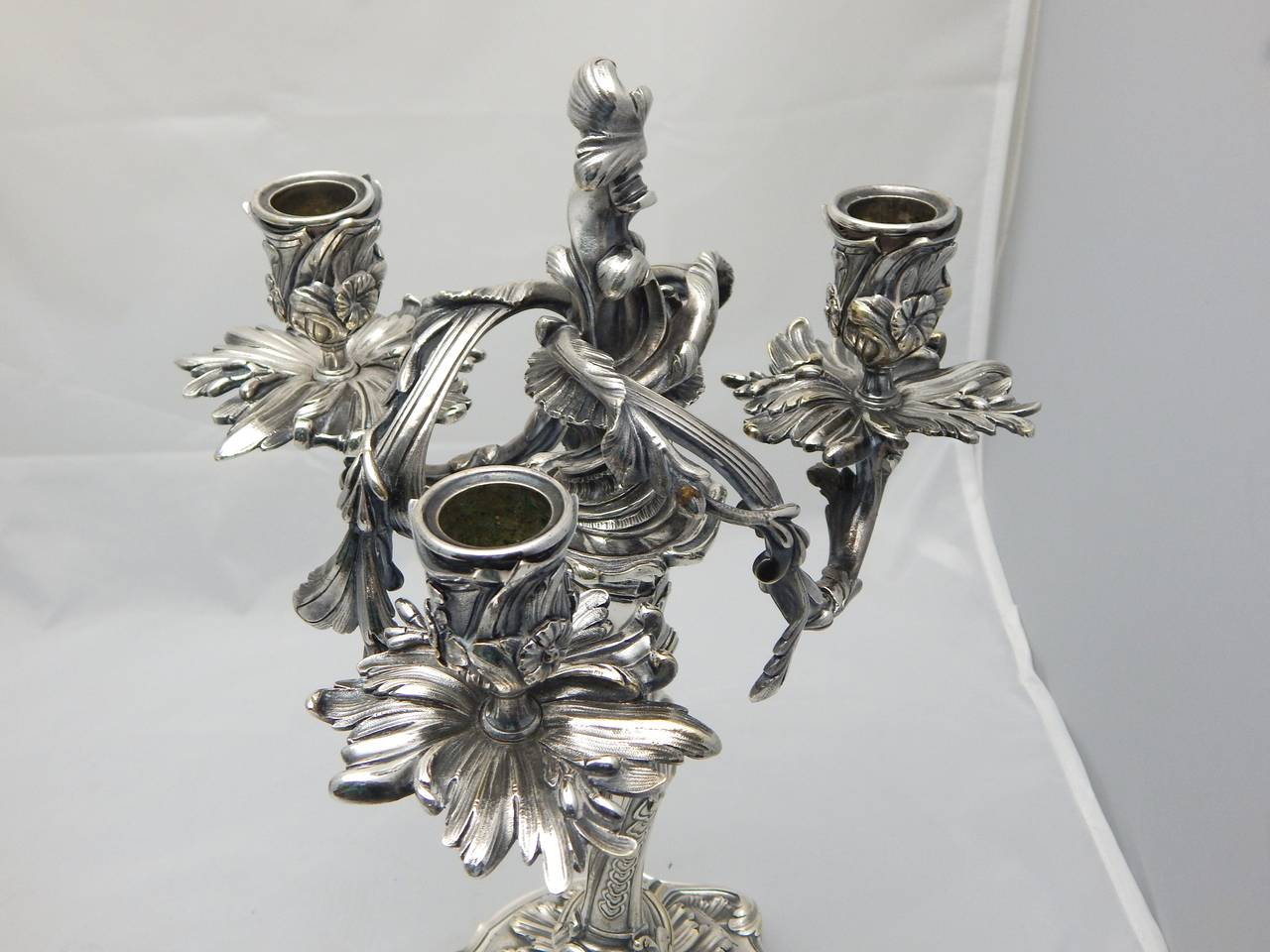 Late 19th Century Pair of Louis XV Style Silvered Bronze Candelabra by Henry Dasson