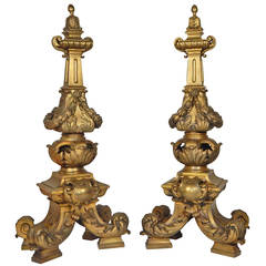 Pair of French Gilt Bronze Chenets Stamped Escurieux, Paris