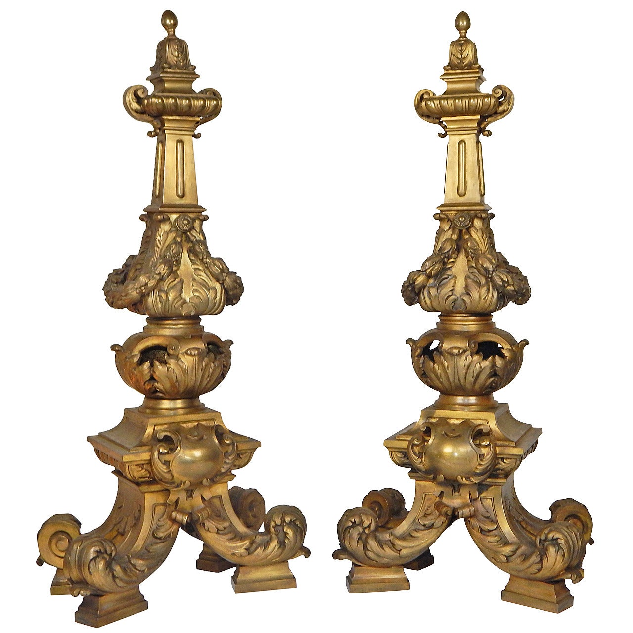 Pair of French Gilt Bronze Chenets Stamped Escurieux, Paris For Sale