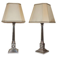 Pair of  Fine Sheffield Silver Plate Lamps with Silk Shades