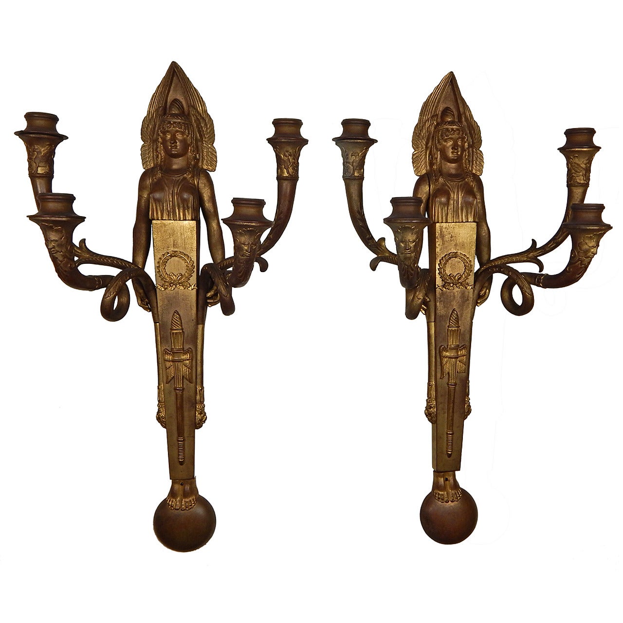  Pair of French Empire Period Bronze Sconces For Sale