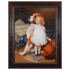 Oil Painting of a Little Girl with St. Bernard by Anton Karssen