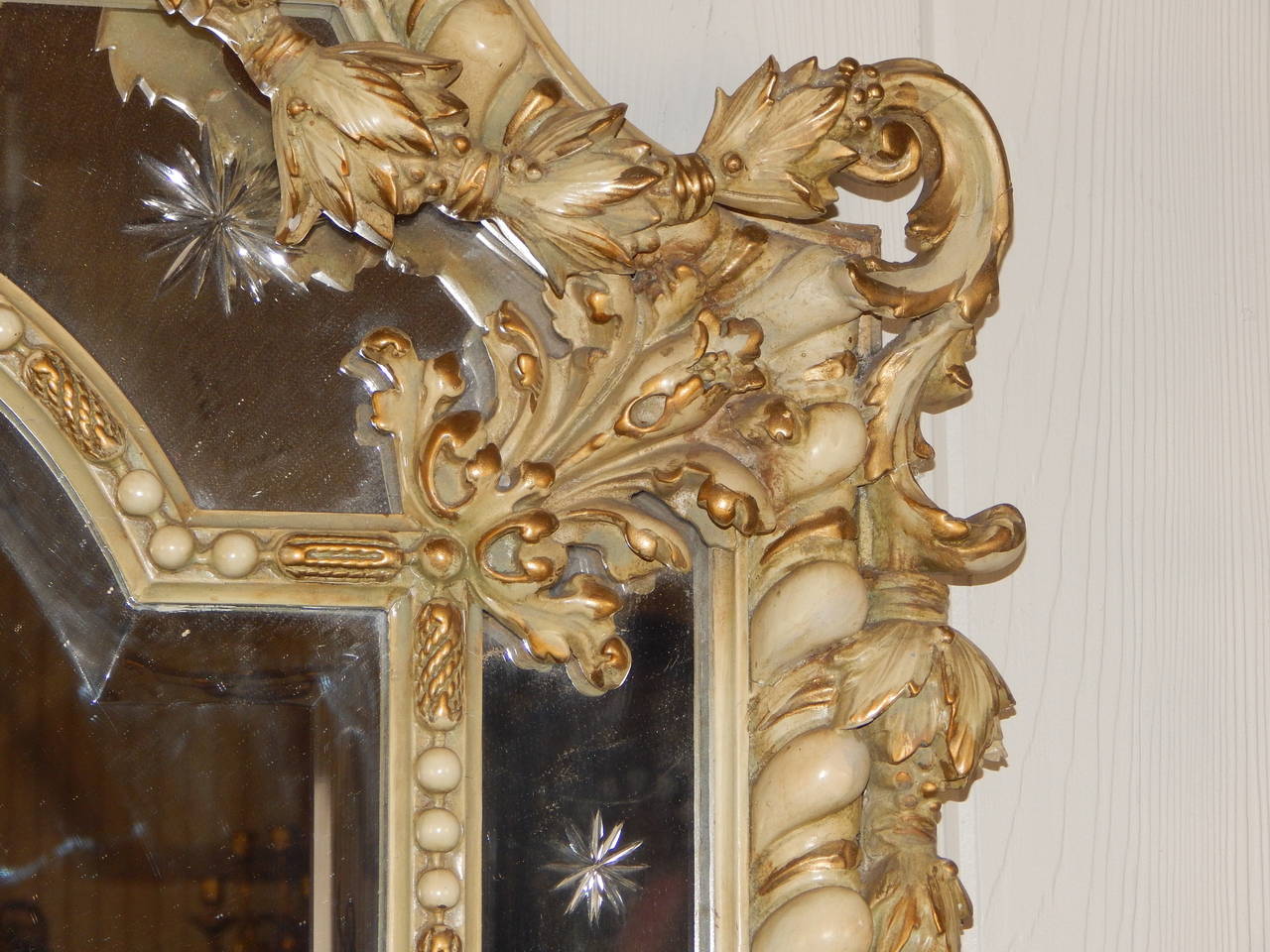 19th Century Carved Mirror with Lion's Head and Cut Glass Stars